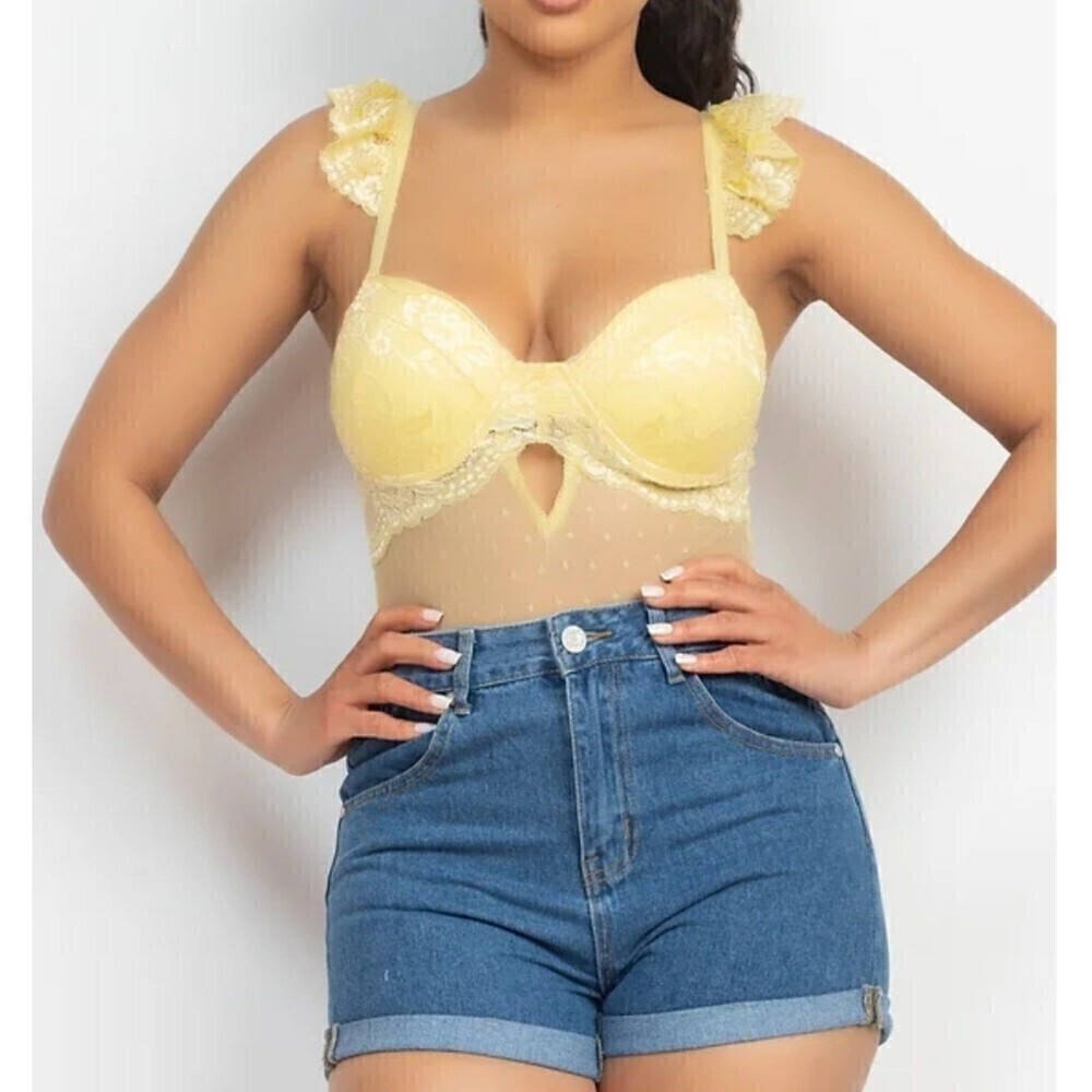 Baby Yellow Cutout Lace Sweetheart Cami Bodysuit Size Small